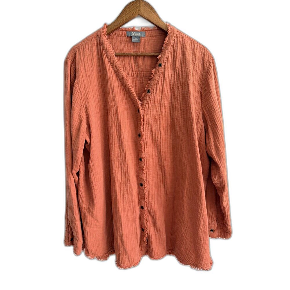 Natural Reflections 1X Cotton Gauze Shirt Rust Orange Frayed Button Down Boho